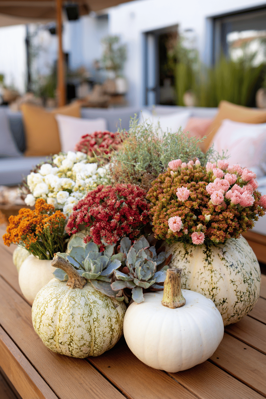 Kürbis-Arrangements mit verschiedenen Blumen und Pflanzen auf einem Holztisch im Garten.