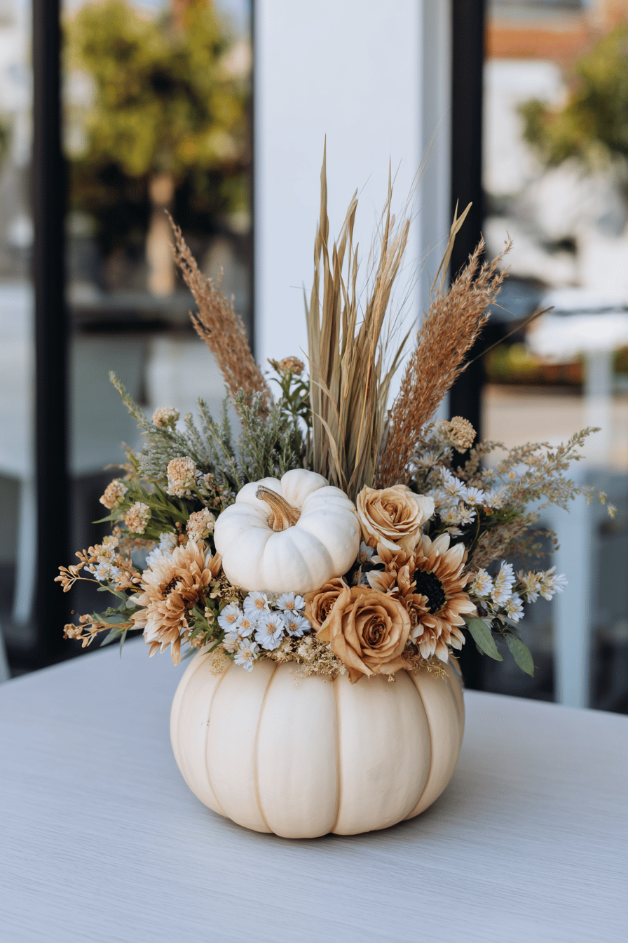 Ein weißer Kürbis dekoriert mit Gräsern, Rosen und Herbstblumen steht auf einem Tisch.