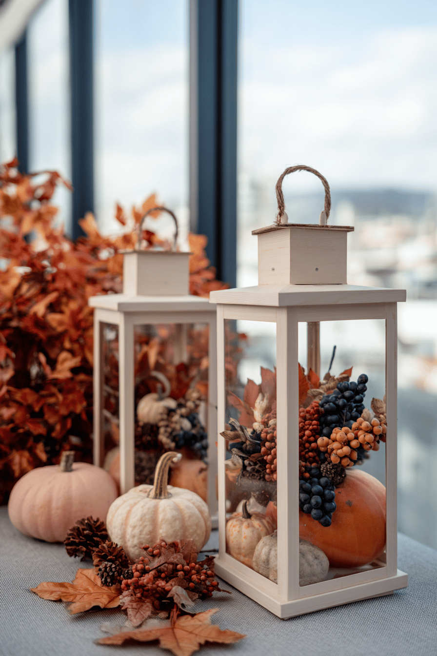 Zwei Laternen mit Kürbissen und Herbstdeko gefüllt, umgeben von Herbstblättern.