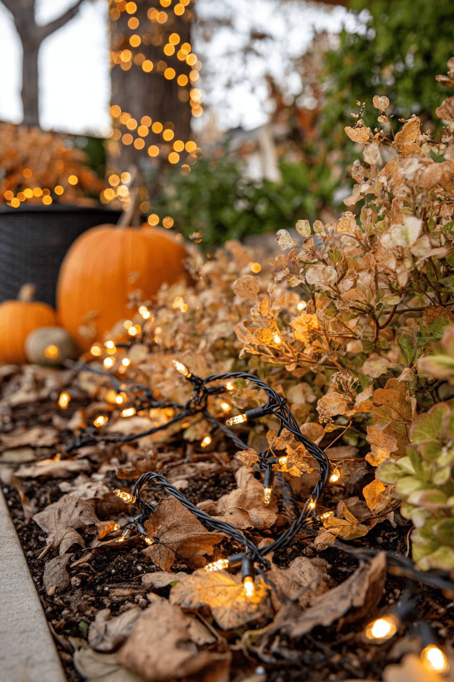 Herbstliche Gartenlandschaft mit Kürbissen und warmen Lichterketten.