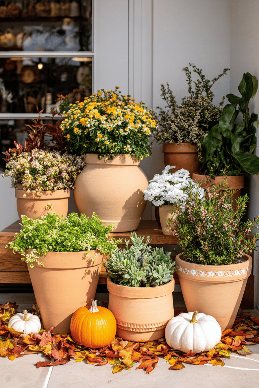 Mehrere Terrakotta-Töpfe mit herbstlichen Pflanzen und Kürbissen auf einer Terrasse.