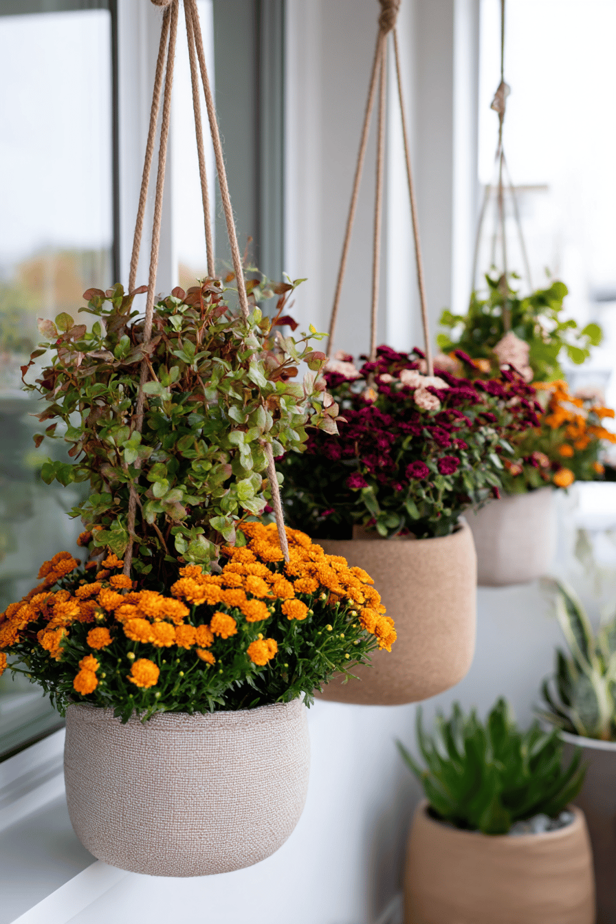 Hängende Pflanzkörbe mit Herbstblumen an einem Fenster.