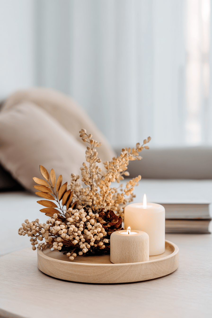 Ein Holzteller mit zwei Kerzen und getrockneten Blumen, eleganter Herbstlook auf einem Tisch.