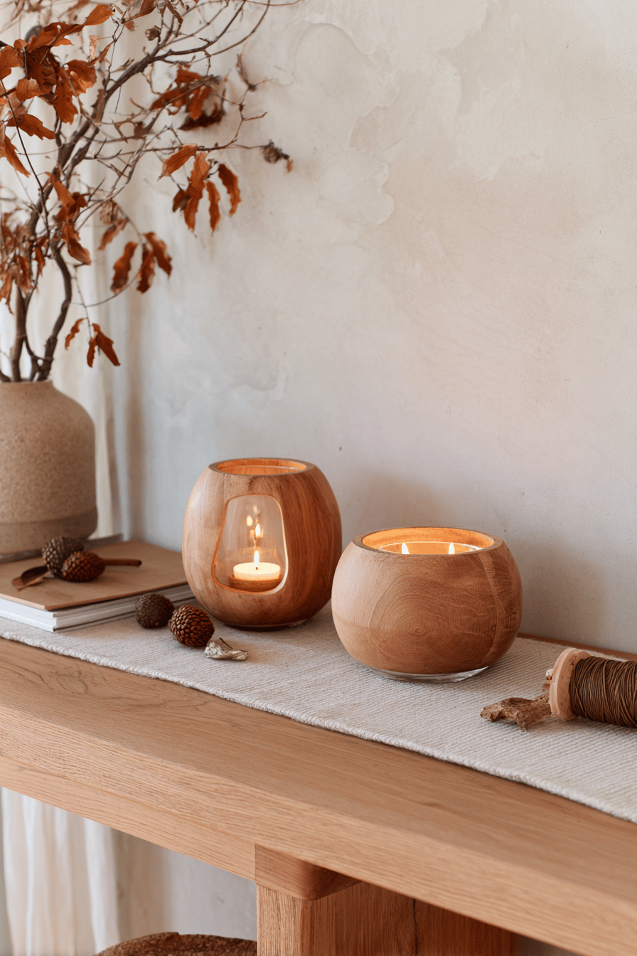 Zwei rustikale Holzwindlichter mit Kerzen, umgeben von Herbstlaub auf einem Holztisch.