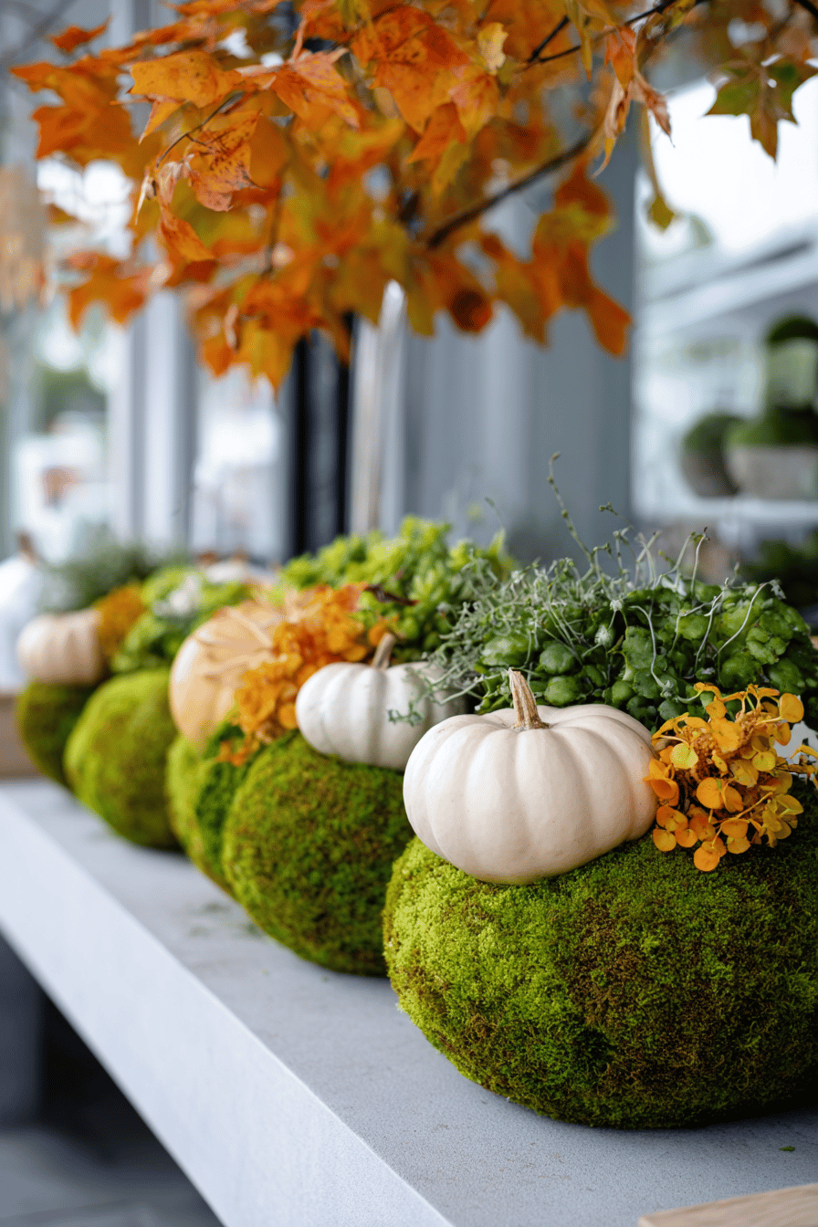 Mooskugeln dekoriert mit kleinen Kürbissen und herbstlichen Pflanzen auf einer Veranda.