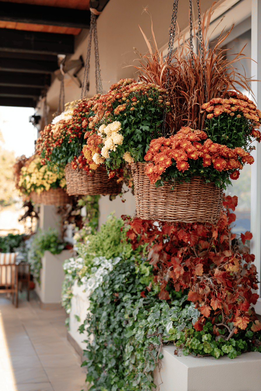 Hängende Blumenampeln mit Herbstblumen in warmen Farben auf einer Terrasse.