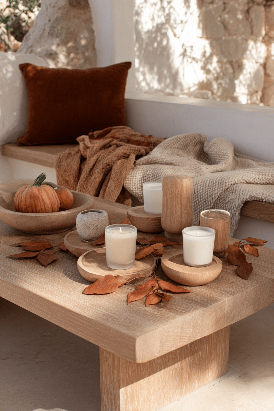 Holztisch mit Kerzen in Holzhaltern, Kürbissen und herbstlichen Blättern.