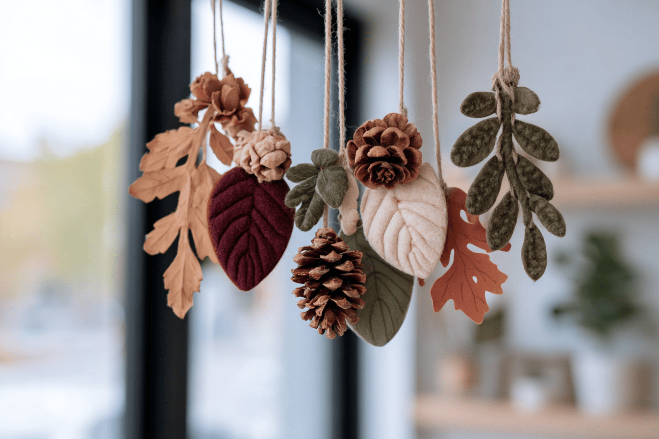 Herbstliche Dekoration aus Blättern und Tannenzapfen