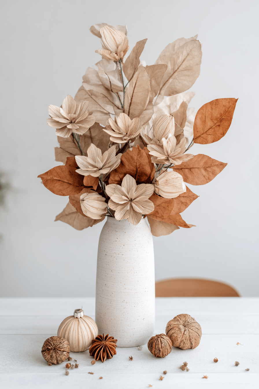 Vasenarrangement mit Holzblumen und herbstlichen Blättern auf einem Tisch