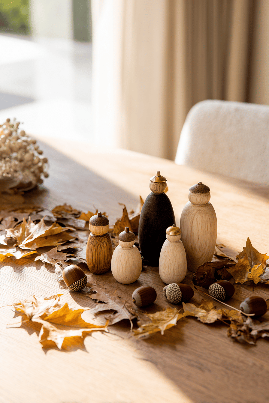 Holzfiguren auf einem Tisch, dekoriert mit Herbstblättern und Kastanien.