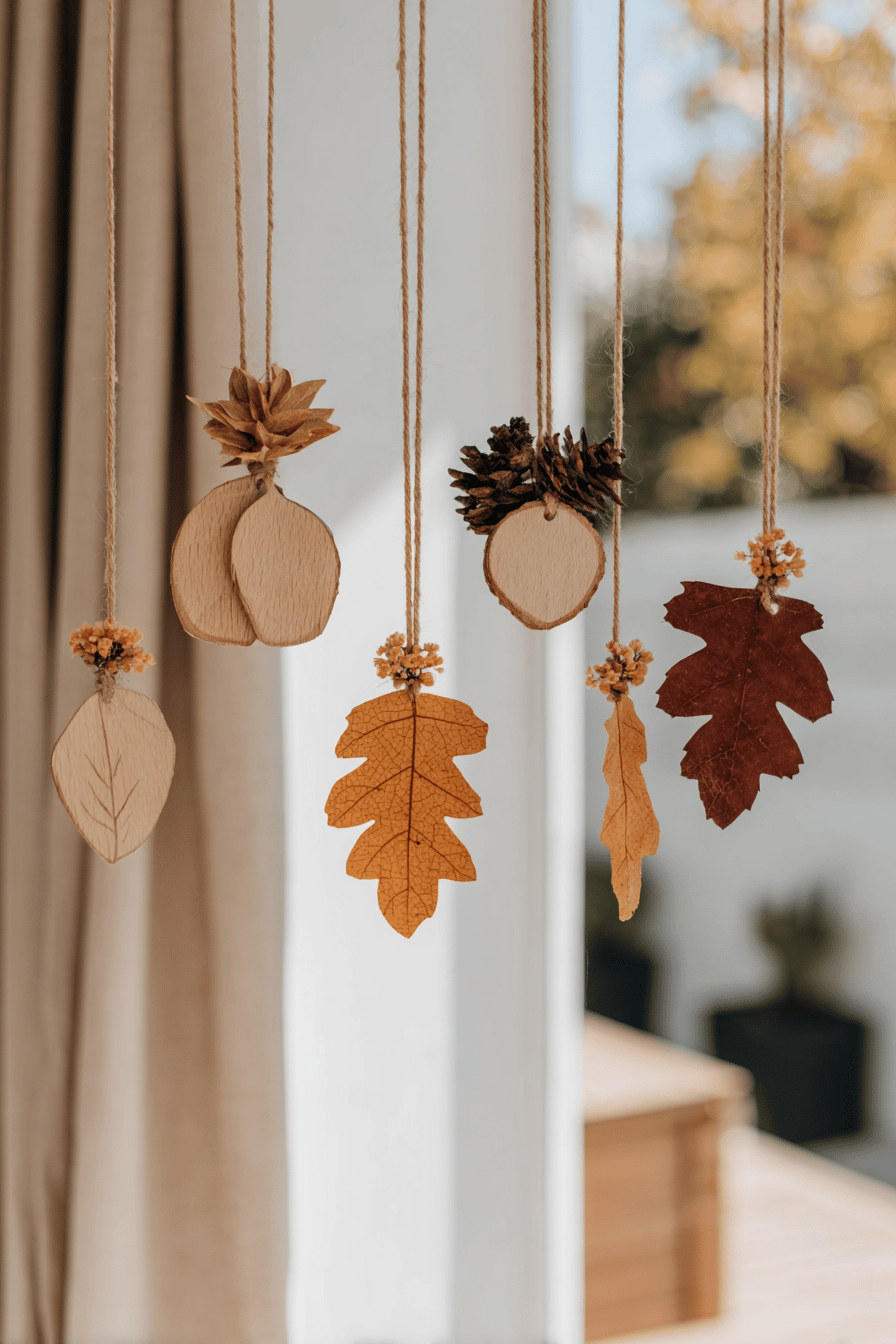 Verschiedene hängende Herbstdekorationen aus Holz und Blättern.