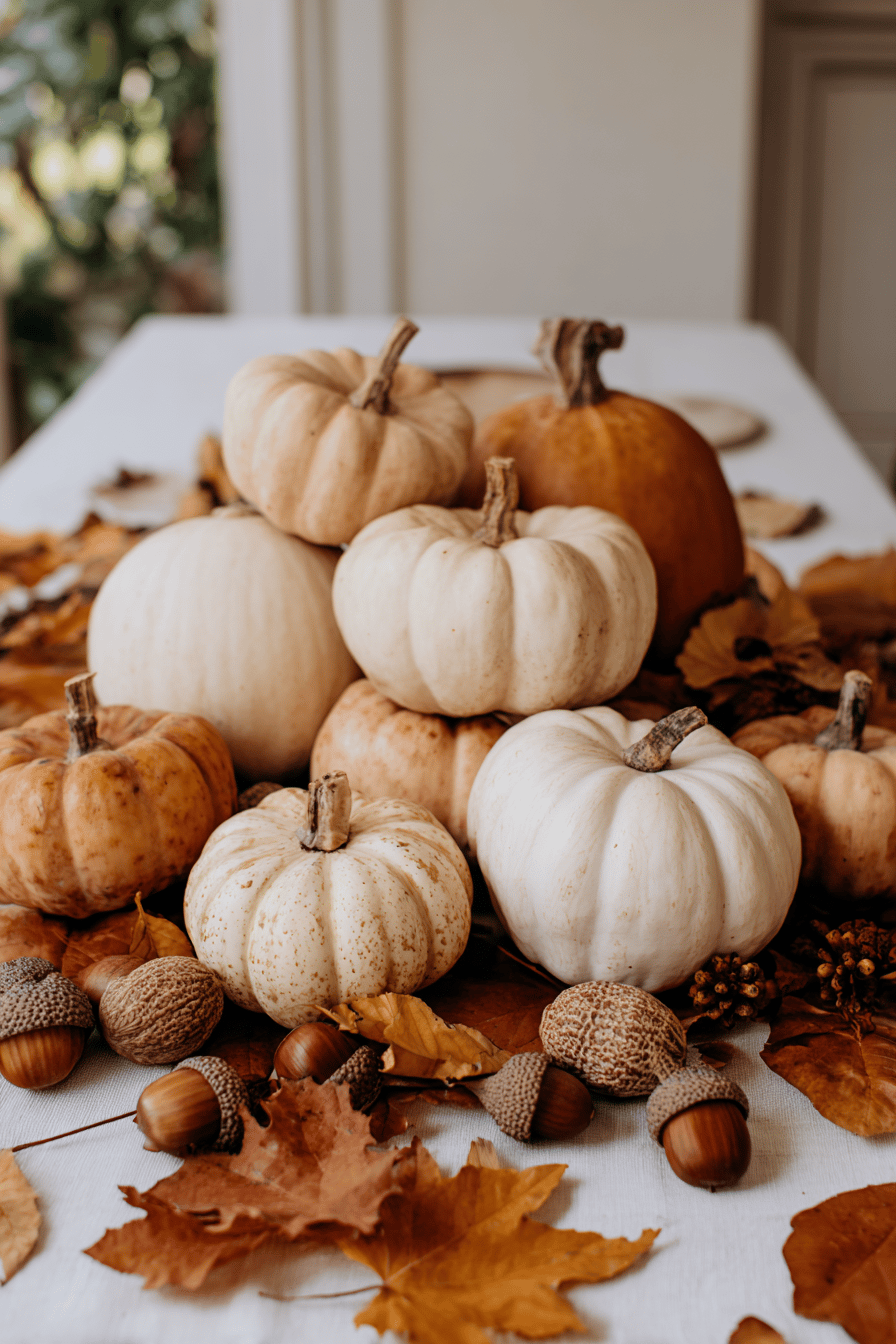 Mehrere weiße und orange Kürbisse umgeben von Herbstblättern und Eicheln.