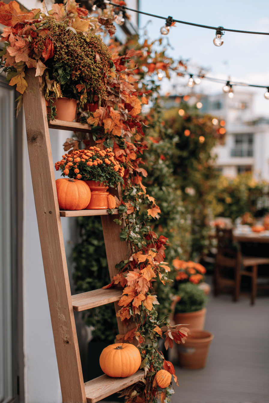 Holzleiter mit Herbstdekoration aus Kürbissen, bunten Blättern und Blumen.