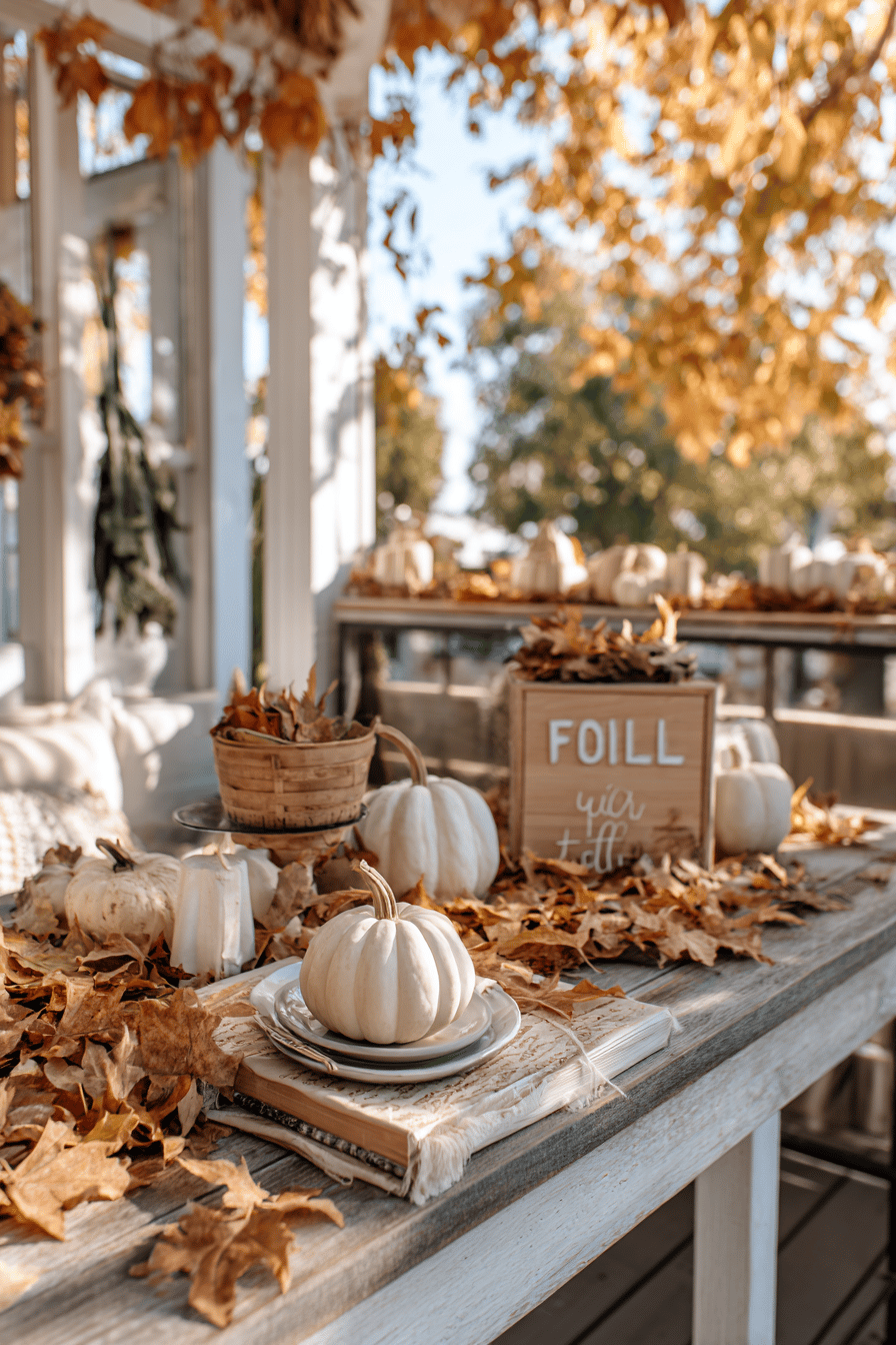 Herbstlich dekorierter Tisch mit weißen Kürbissen und Holzschild.