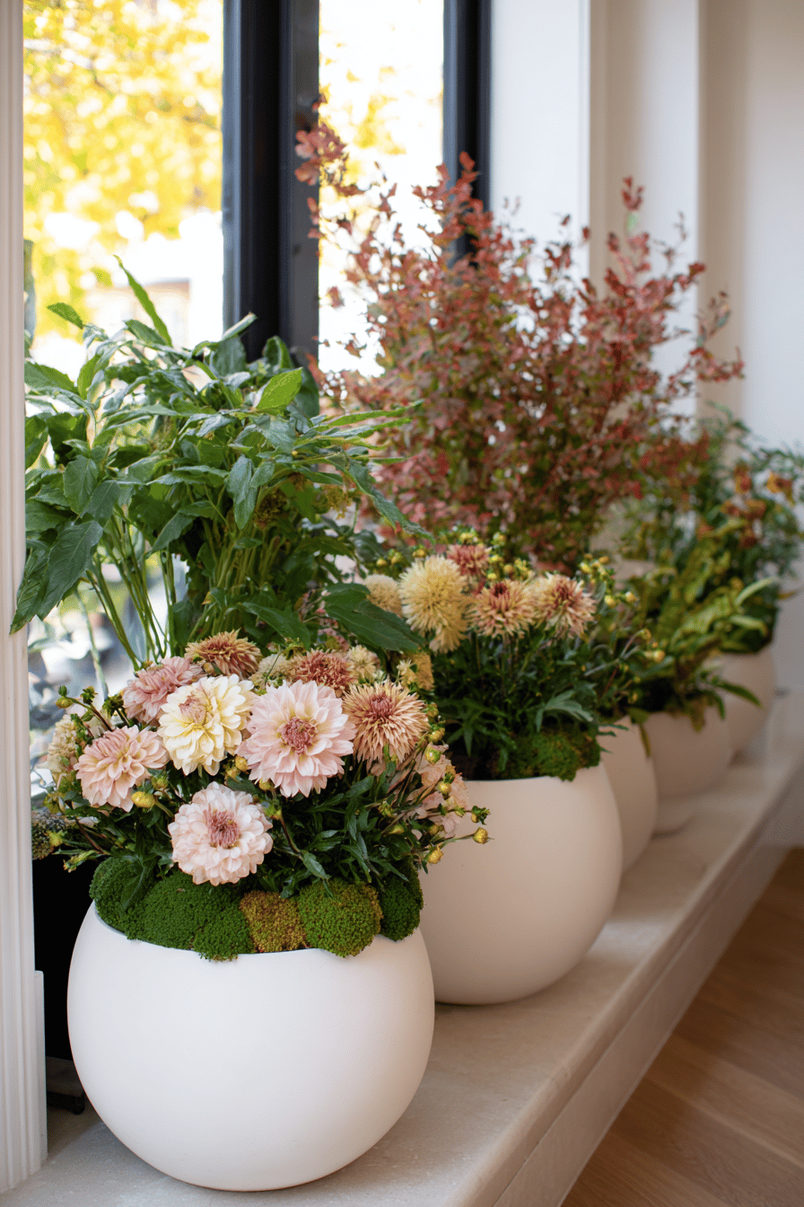 Weiße Kugeln mit Herbstblumen bepflanzt, auf einer Fensterbank arrangiert.