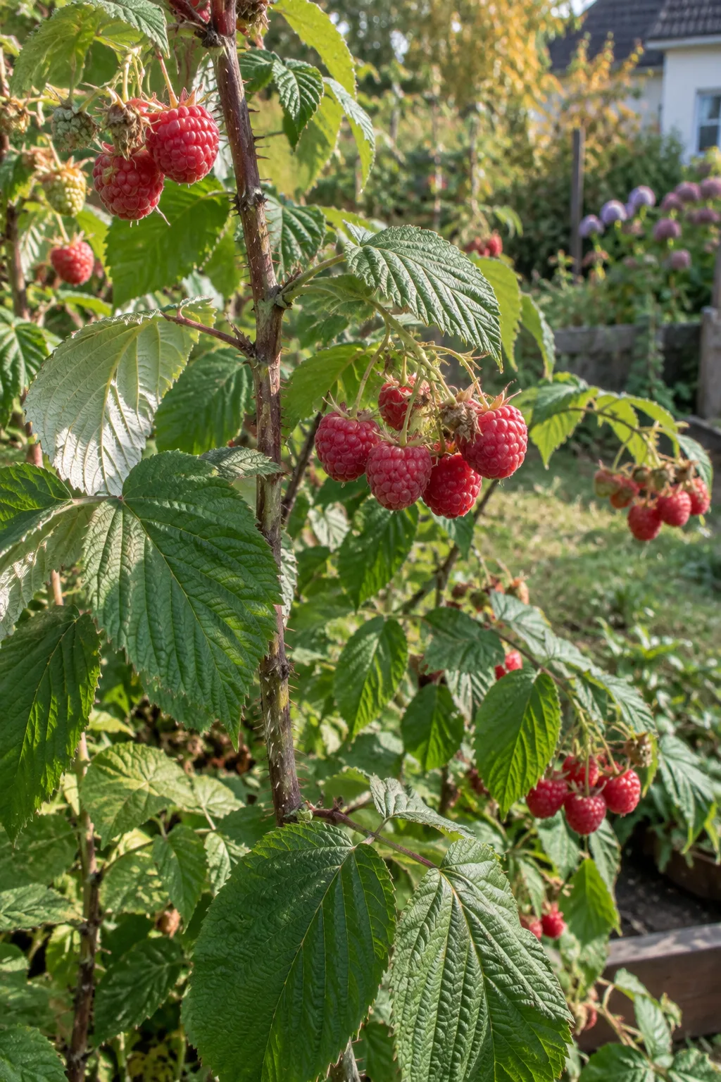 Herbsthimbeere im September mit halbaufrechten, purpurbraun bestachelten Ruten und runden, gleichmäßig mittelroten Himbeeren