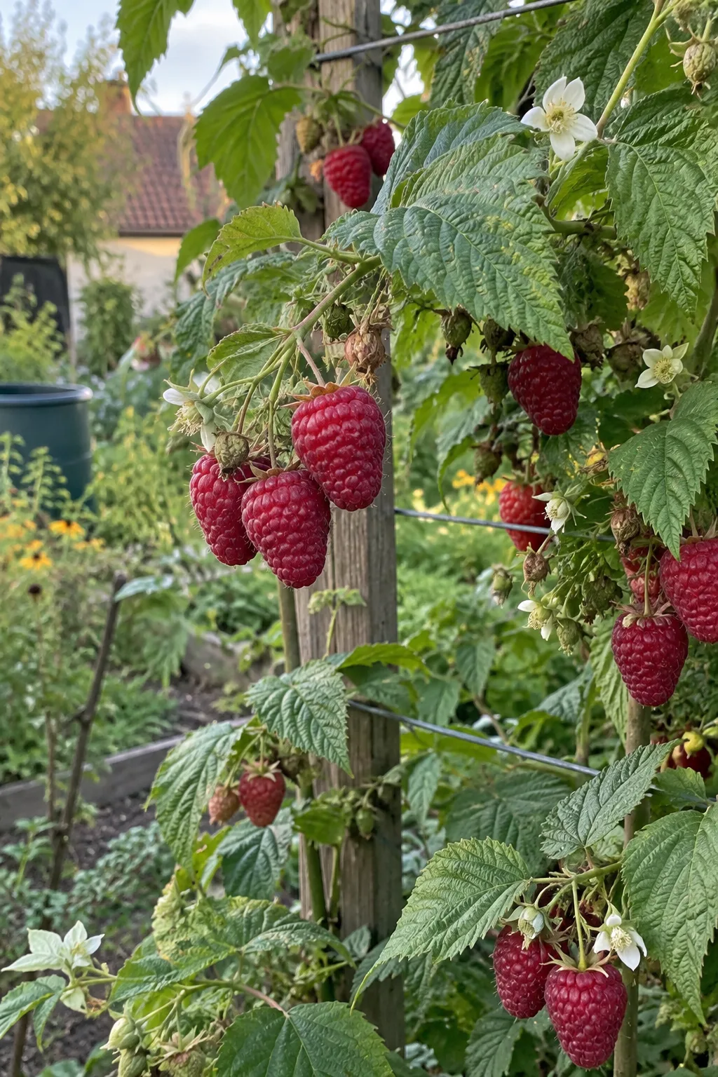 Glatte, stachellose Himbeerruten am Drahtspalier im späten August mit großen, kegelförmigen, dunkelroten Himbeeren und einigen weißen Blüten