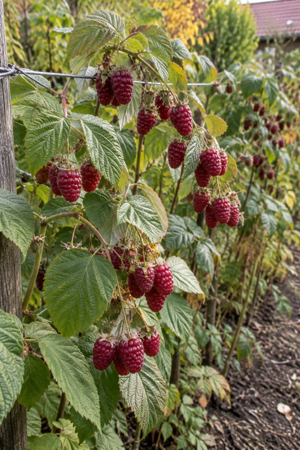 Herbsthimbeeren im September mit langen, dünnen, glatten Ruten, die sich unter vielen dunkelroten, glänzenden Früchten neigen