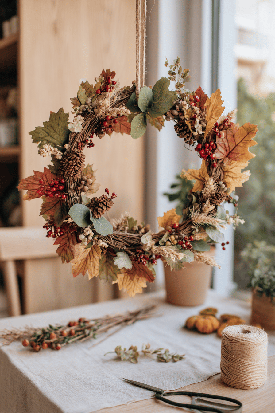 Klassischer Herbstkranz aus buntem Laub an einer Holztür, verziert mit Hagebutten und kleinen Zapfen.