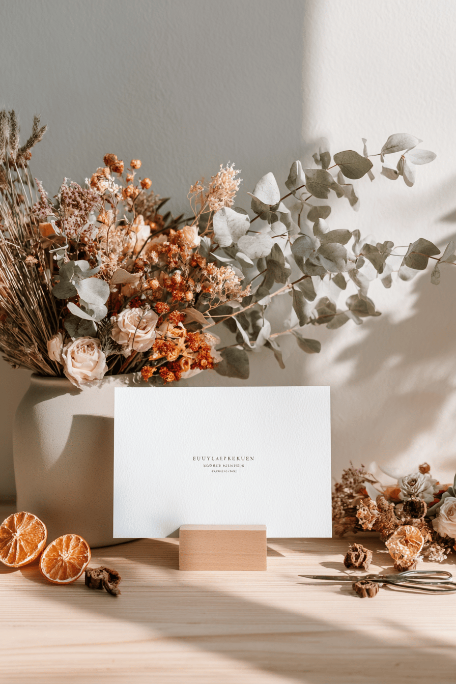 Runder Herbstkranz aus Eukalyptus und zarten Rosen an einer hellen Wand, luftig und modern arrangiert.