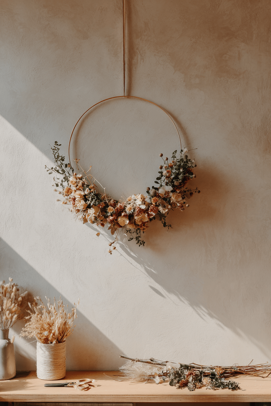Asymmetrischer Halbkranz aus Herbstblumen, halb um einen Holzring gebunden; unten dicht mit Dahlien, Eukalyptus und Gräsern, oben offen.