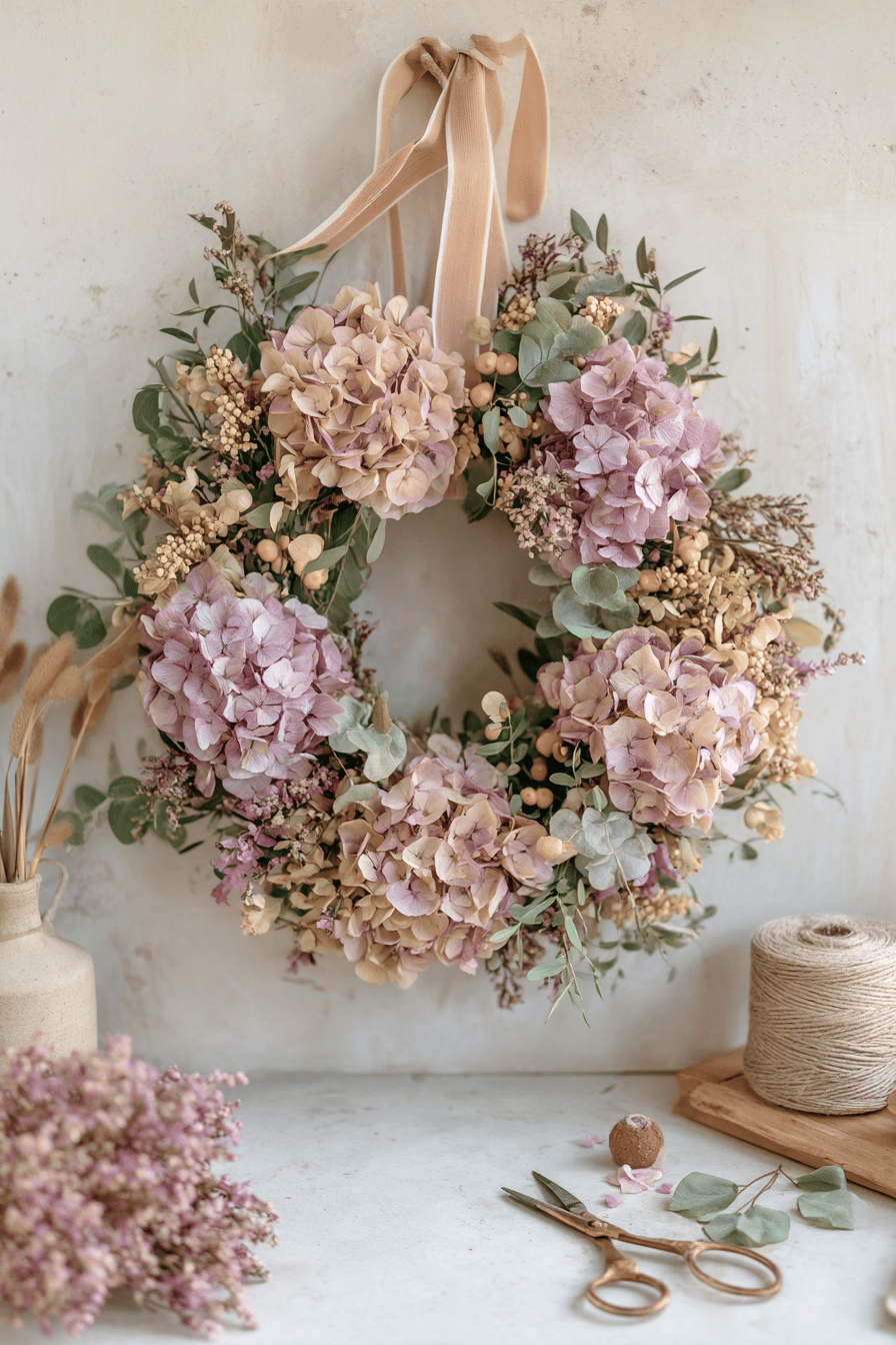 DIY-Herbstkranz aus rosa und lila Hortensienblüten an einer hellen Wand mit sanftem Farbverlauf.