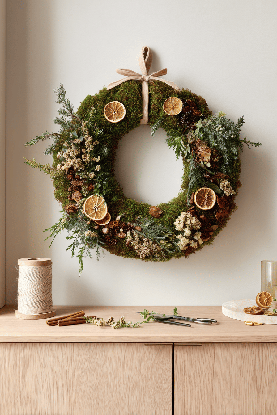 Runder Mooskranz mit Mini-Kürbissen, Hagebutten, Eukalyptus und herbstlichen Blättern auf hellem Holz.