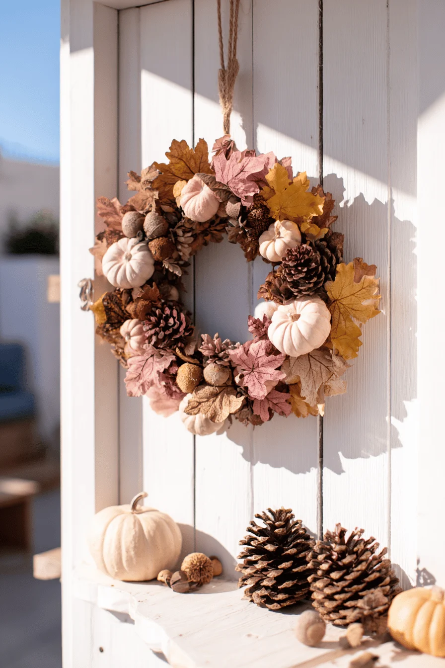 Ein herbstlicher Kranz mit Kürbissen, Zapfen und bunten Blättern an einer Holzwand.