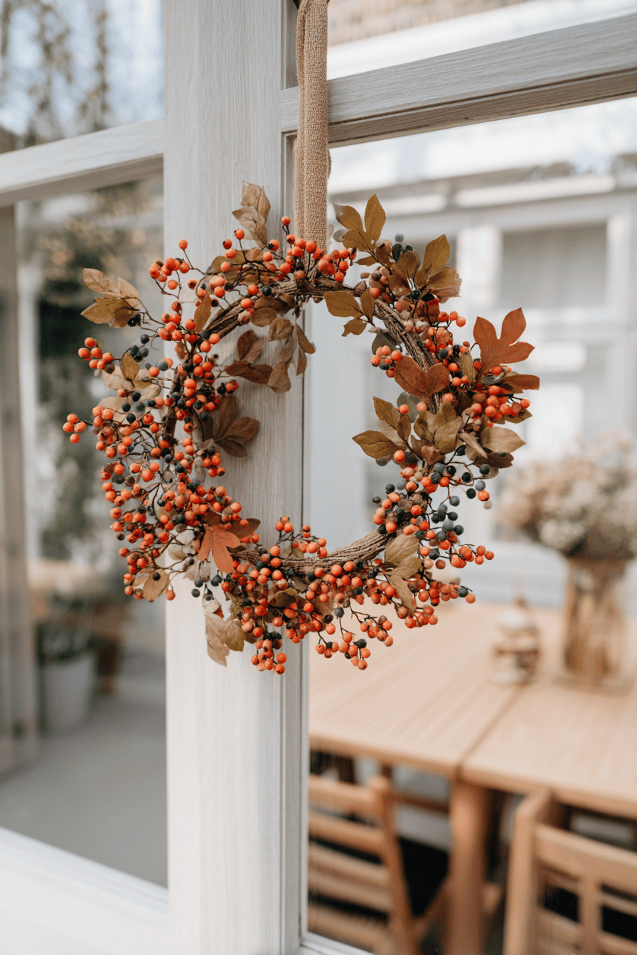 Herbstkranz aus roten Beeren und bunten Blättern an einem Fenster.