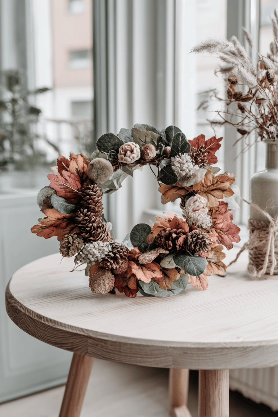 Ein herbstlicher Kranz mit getrockneten Blumen und Blättern auf einem Holztisch.
