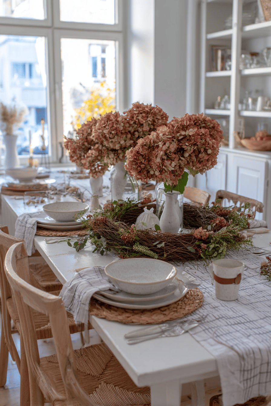 Ein liebevoll dekorierter Tisch mit einem Herbstkranz aus Hortensien als Centerpiece.