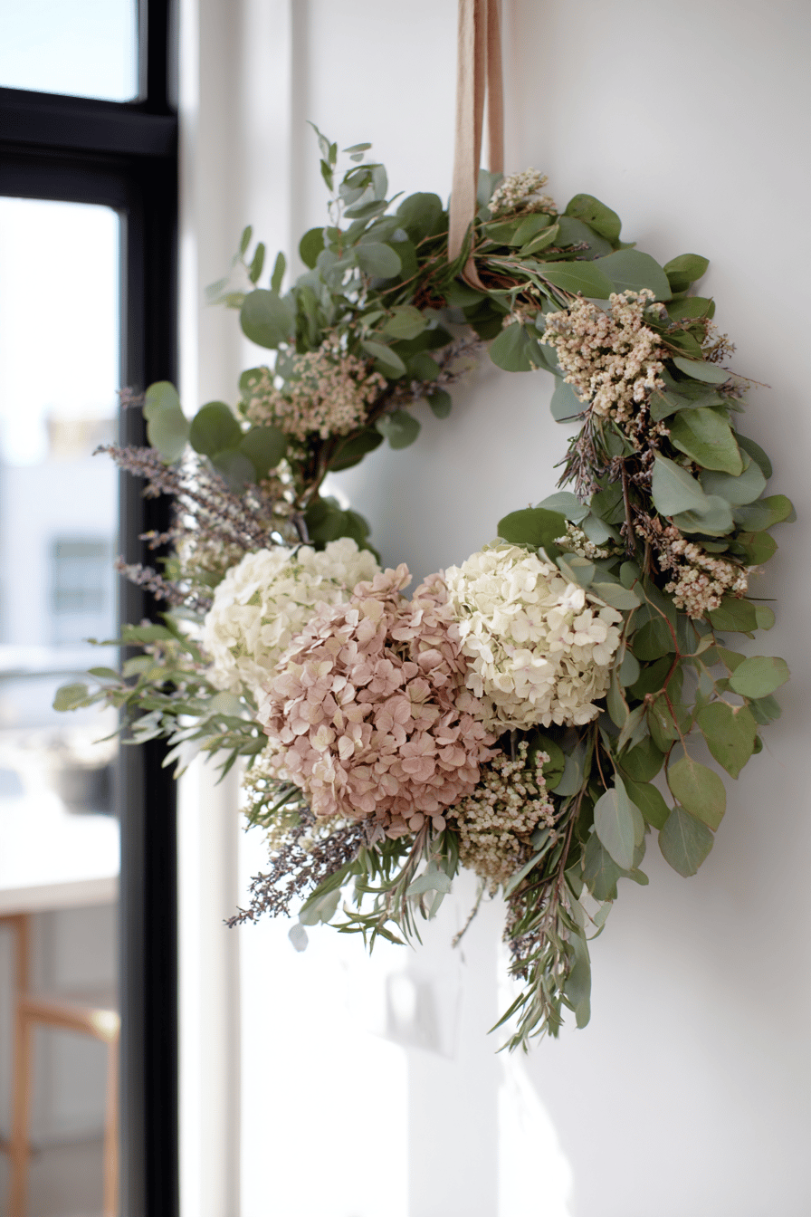 Ein eleganter Herbstkranz mit weißen und rosa Hortensien und grünen Blättern an einer Wand.