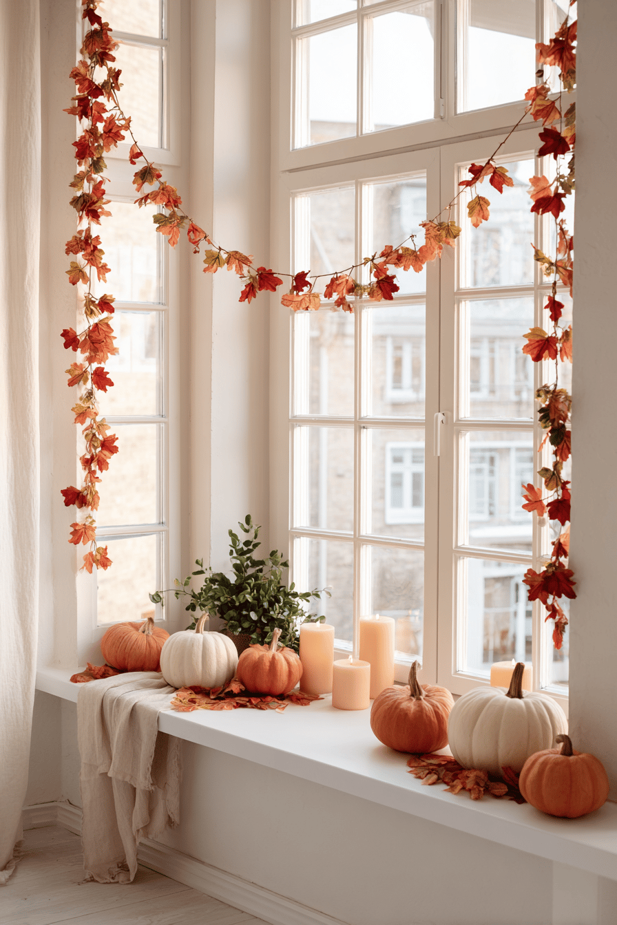 Fensterbank dekoriert mit Herbstblättern, Kürbissen und Kerzen.