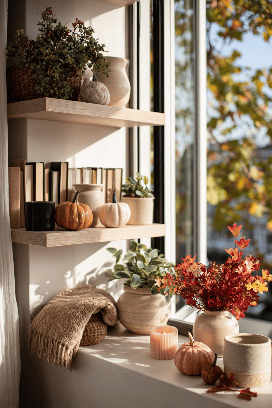 Herbstliche Dekoration mit Kürbissen, Pflanzen und Kerzen auf einer Fensterbank.