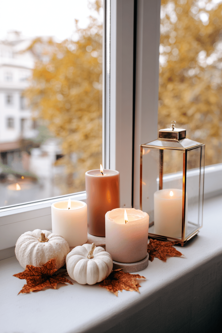 Fensterbank dekoriert mit Kerzen, Laterne, Kürbissen und Herbstblättern.