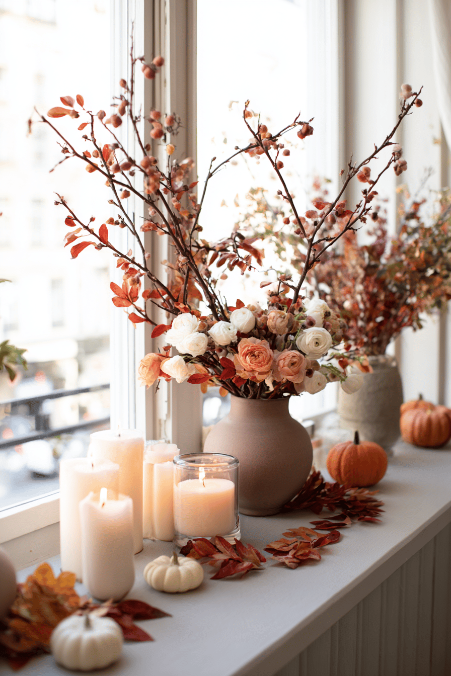 Vasen mit herbstlichen Blumen und Zweigen auf einer Fensterbank, umgeben von Kürbissen und Kerzen.