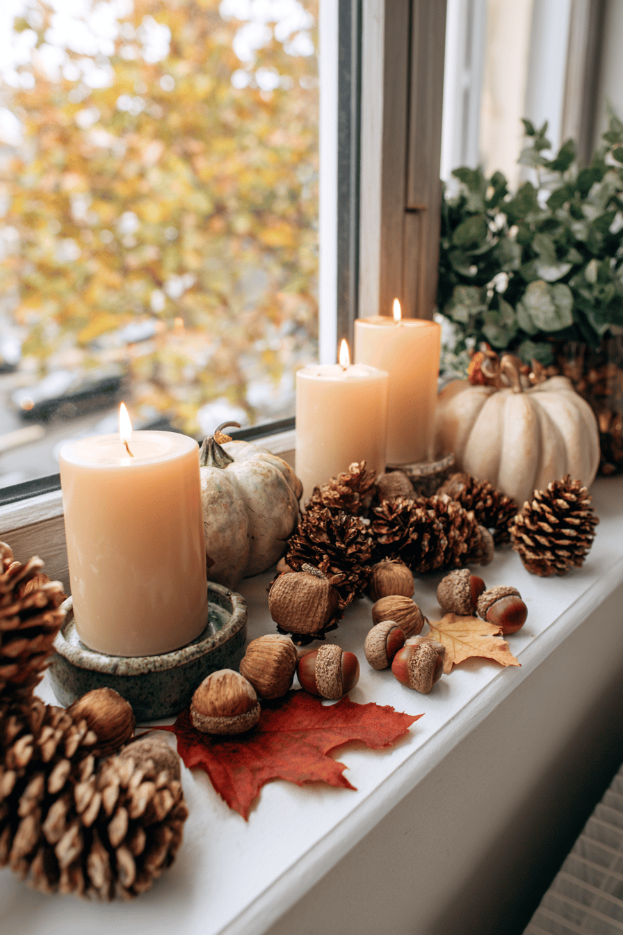 Herbstlich dekorierte Fensterbank mit Kerzen, Zapfen und Kastanien.