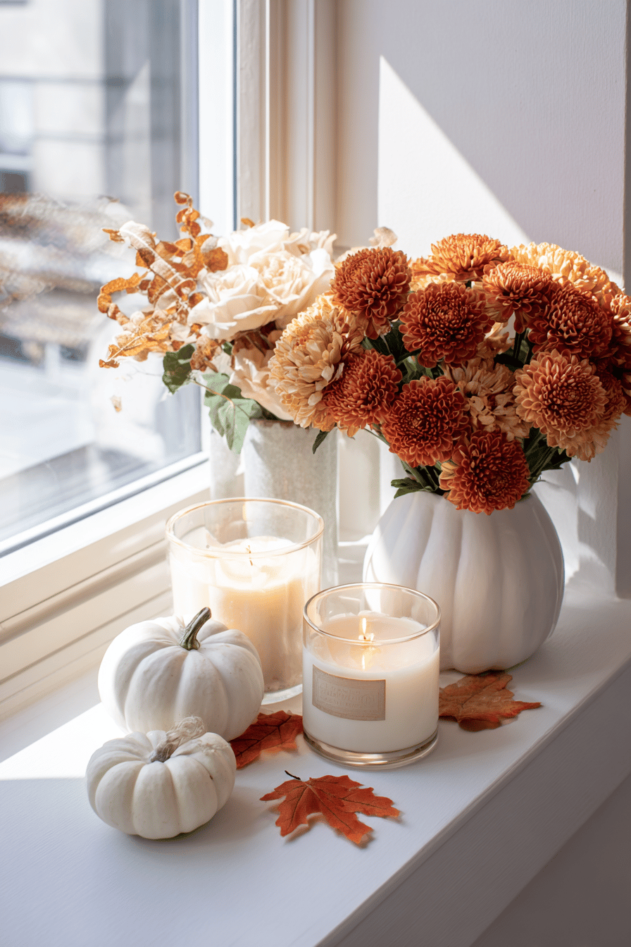Herbstdekoration auf einer Fensterbank mit Kürbissen, Kerzen und einem Blumenstrauß.