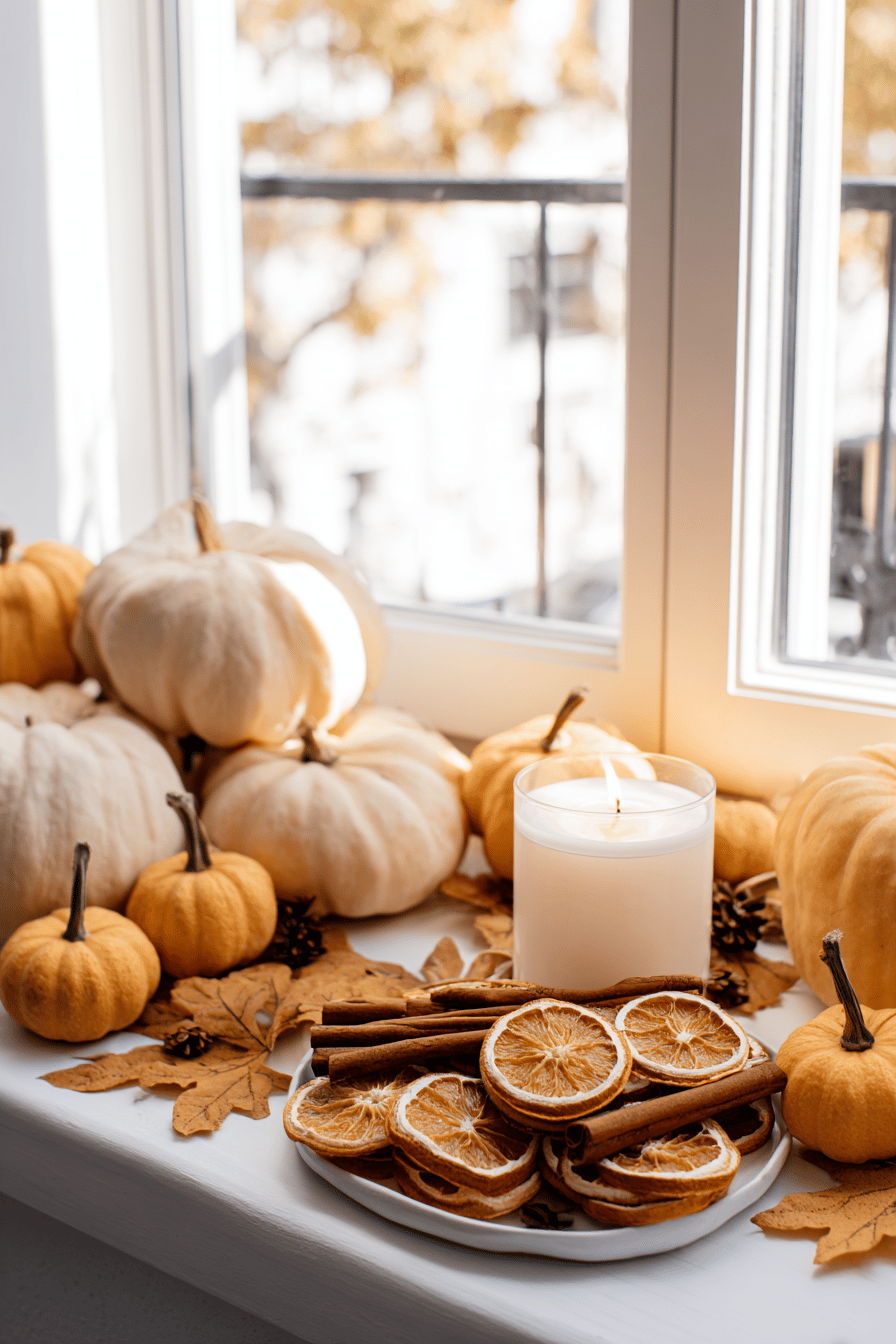 Herbstlich dekorierte Fensterbank mit Kürbissen, getrockneten Orangenscheiben und Zimtstangen.
