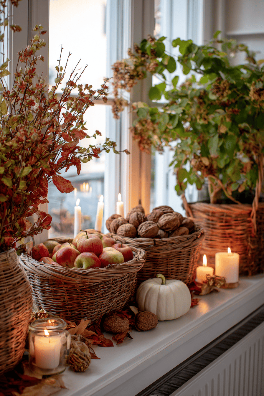 Herbstlich dekorierte Fensterbank mit Körben voller Äpfel und Nüsse sowie Kerzen.