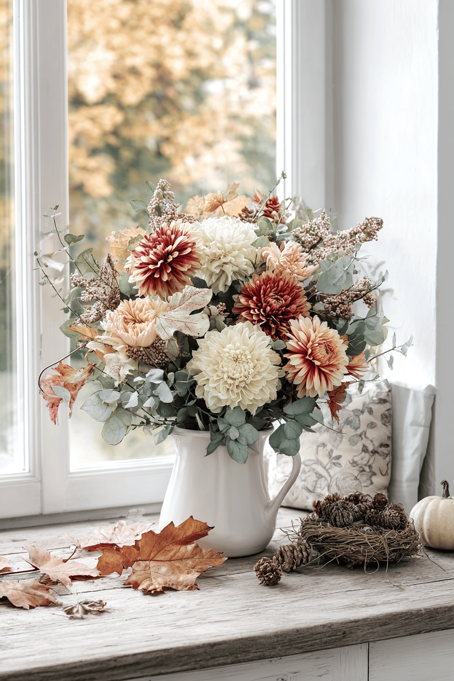 Ein Herbststrauß mit Chrysanthemen und Dahlien in warmen Tönen, arrangiert in einer weißen Vase am Fenster.