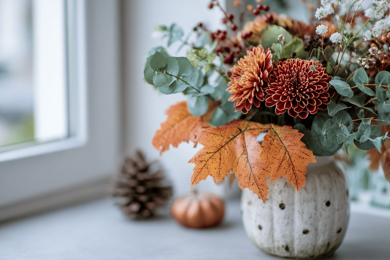 Herbstblumenstrauß im Kürbis-Vase auf Fensterbrett