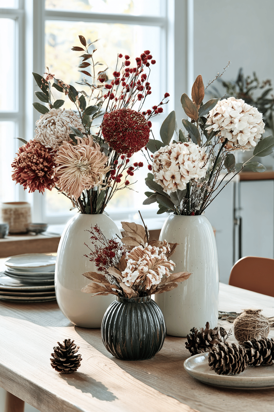 Ein Tisch mit mehreren herbstlichen Blumensträußen in warmen Farben und natürlichen Materialien.