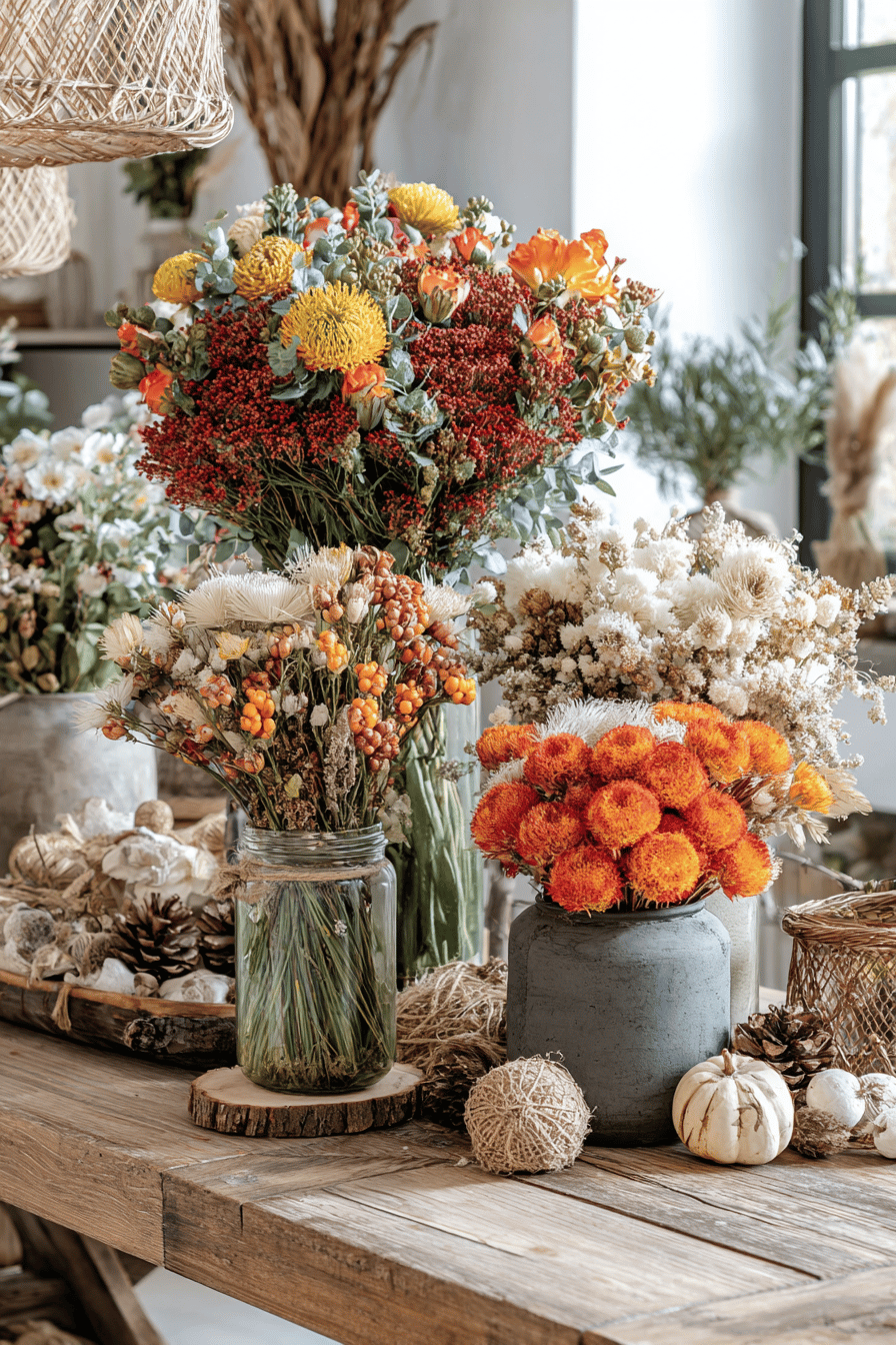 Herbstliche Blumendekoration mit bunten Sträußen auf einem Tisch, bestehend aus frischen und getrockneten Blumen.