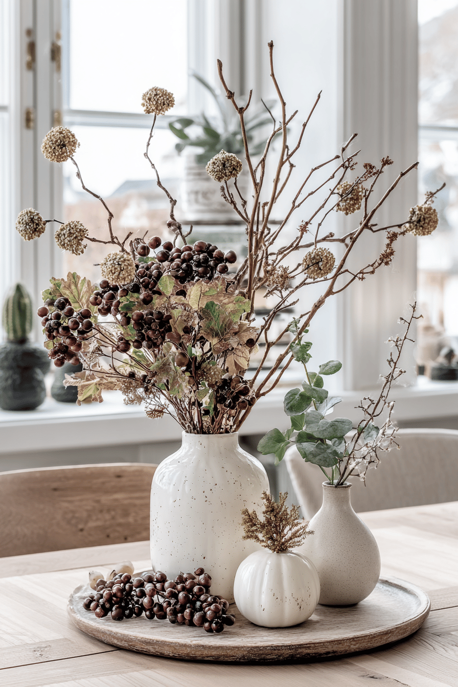 Tischdekoration mit Vasen, Beeren und Zweigen im herbstlichen Stil.