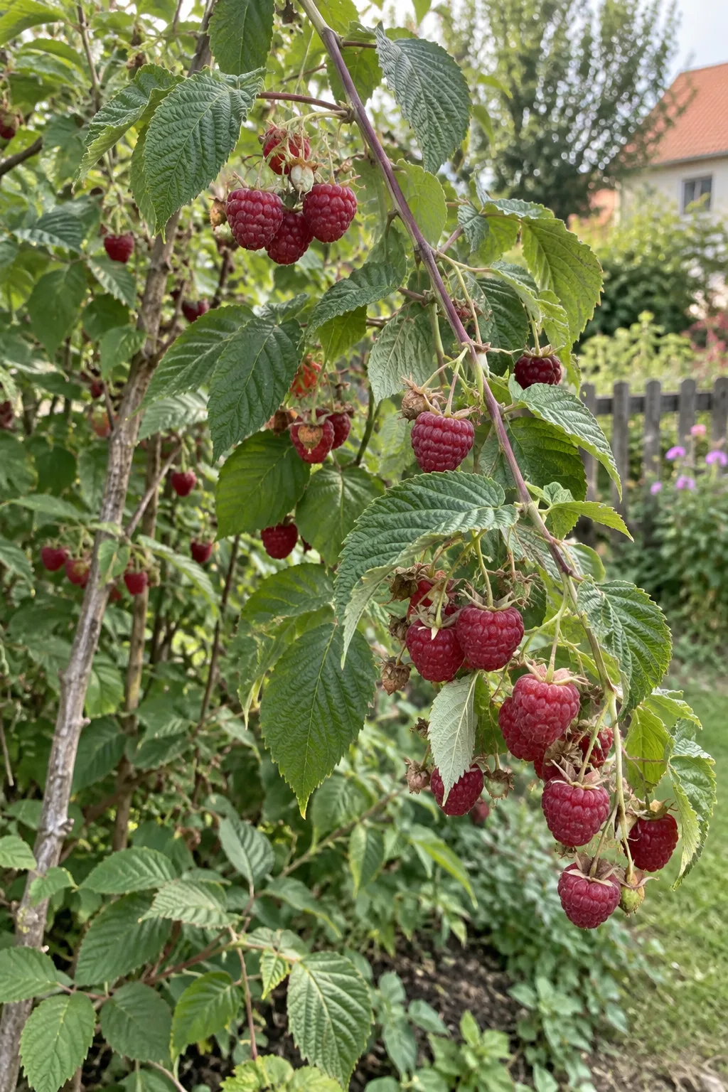 Himbeerstrauch mit glatten, oben purpurbraunen Ruten und gleichmäßig mittelgroßen, runden, dunkelroten Himbeeren Anfang Juli