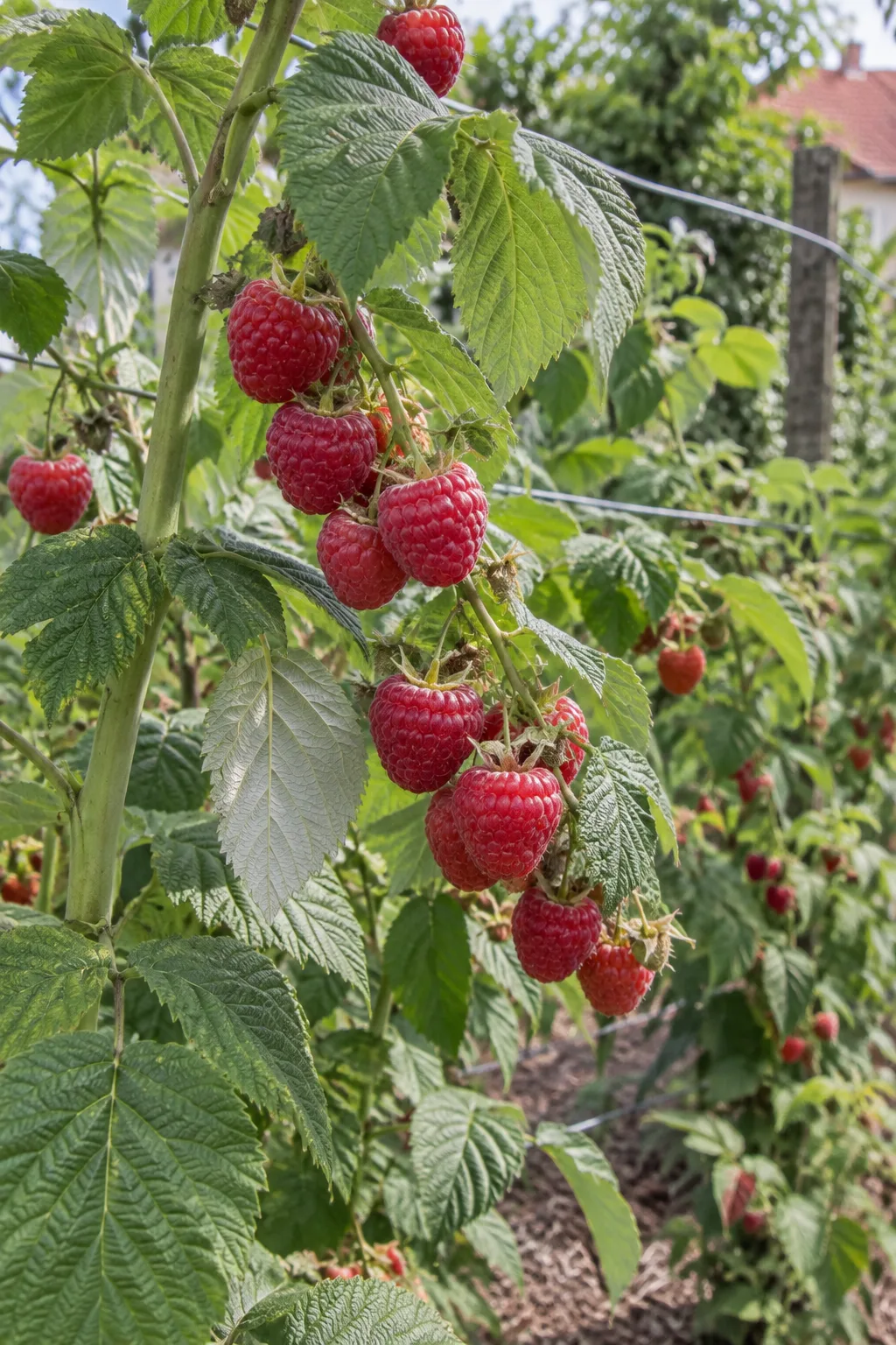 Glatte, stachellose grüne Himbeerruten mit langen Fruchttrieben, an denen große, runde, mittelrote Himbeeren hängen