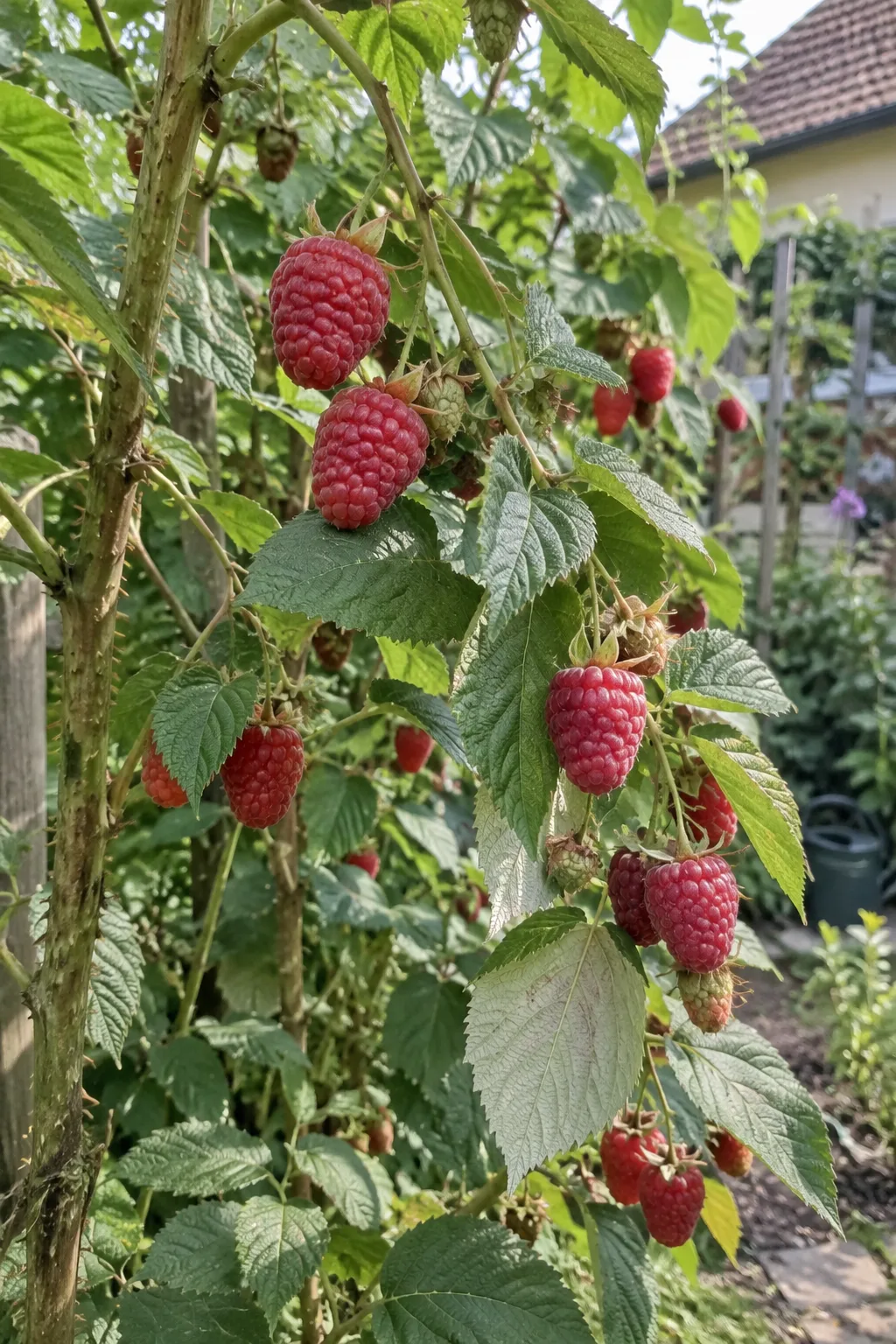 Kräftige, überhängende Himbeerruten mit kleinen grünlichen Stacheln und sehr großen, ovalen, mittelroten Himbeeren