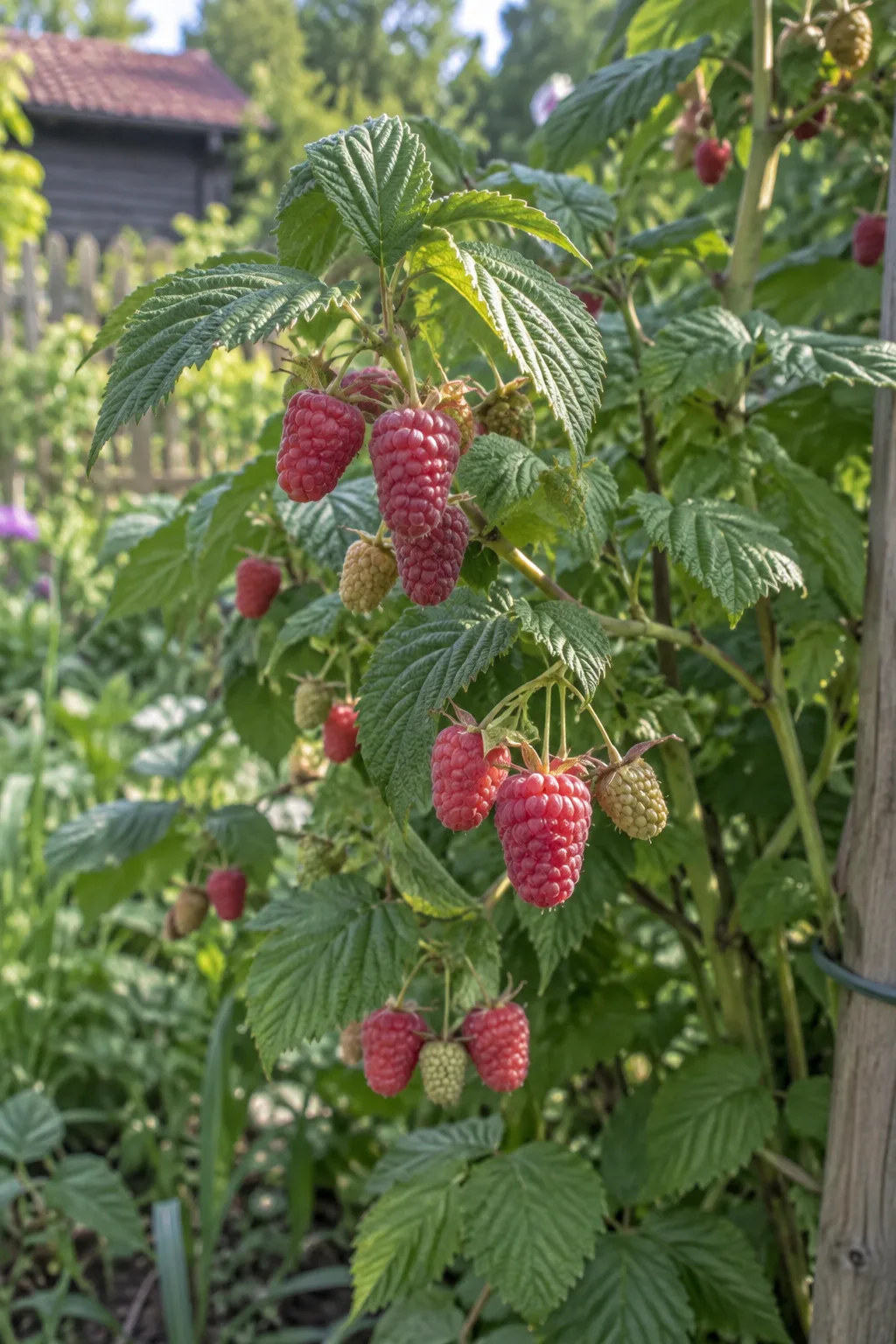 Kompakte, stachellose Himbeerruten Mitte Juni mit hellroten, leicht länglichen Himbeeren mit weißlichem Reif