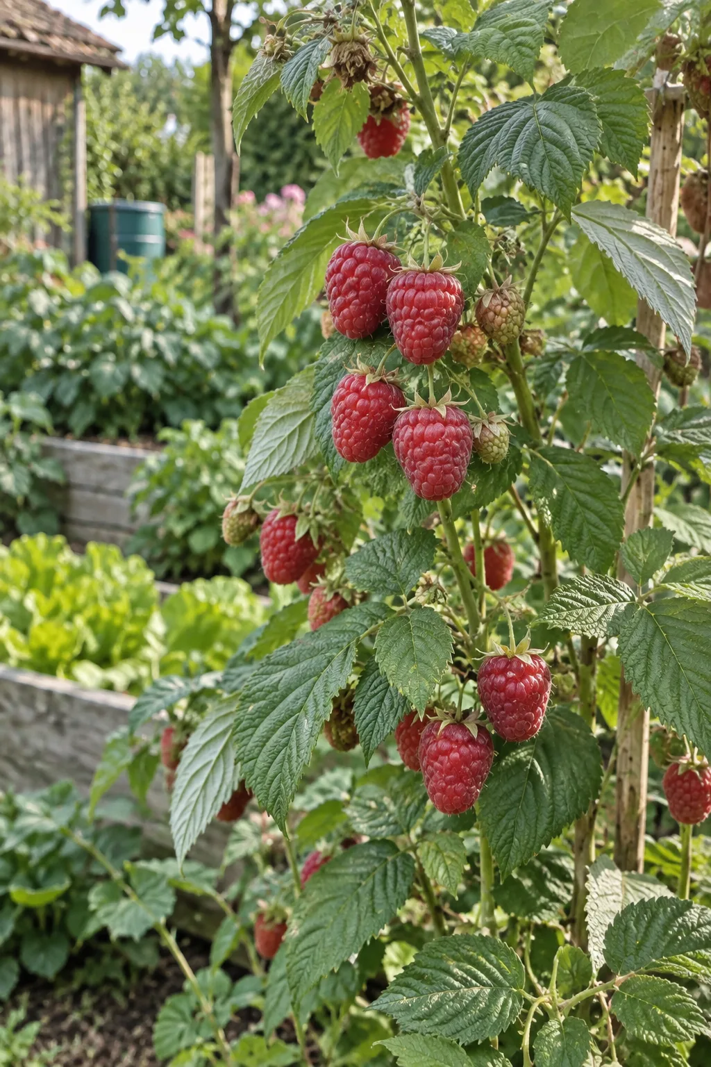 Aufrechte, glatte Himbeerruten mit mittelgroßen, ovalen, matt mittelroten Himbeeren mit leichtem Reif